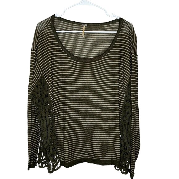 Free People M Striped Long Sleeve Top Olive Lace Accents Cotton Blend Womens Boh - Picture 2 of 9